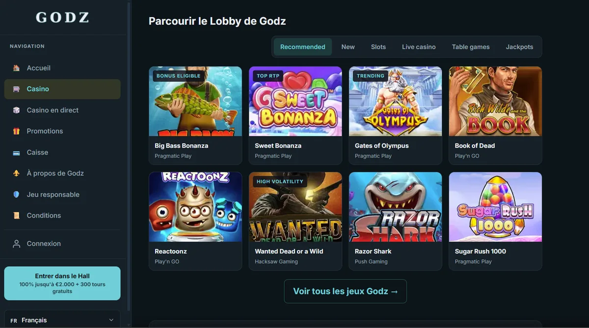 Page d'accueil de Godz, jouer casino avec crypto
