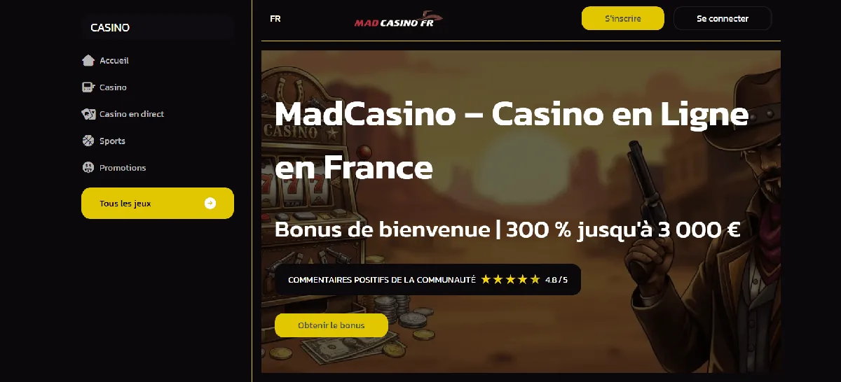 Page d'accueil de MadCasino, meilleur casino crypto France