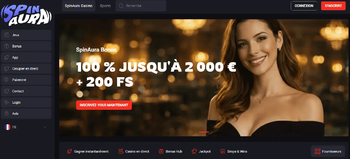 Page d'accueil de SpinAura, casino paiement crypto rapide
