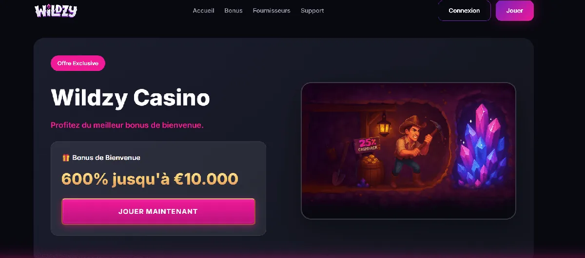Page d'accueil de Wildzy, casino crypto-monnaie fiable
